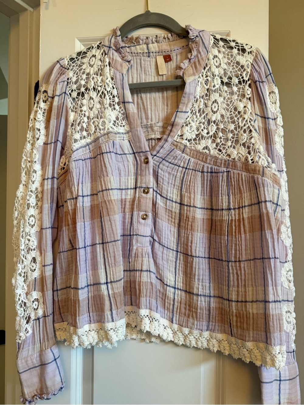 Pilcro Boho Lace-Panel Plaid top in Lavender and Beige